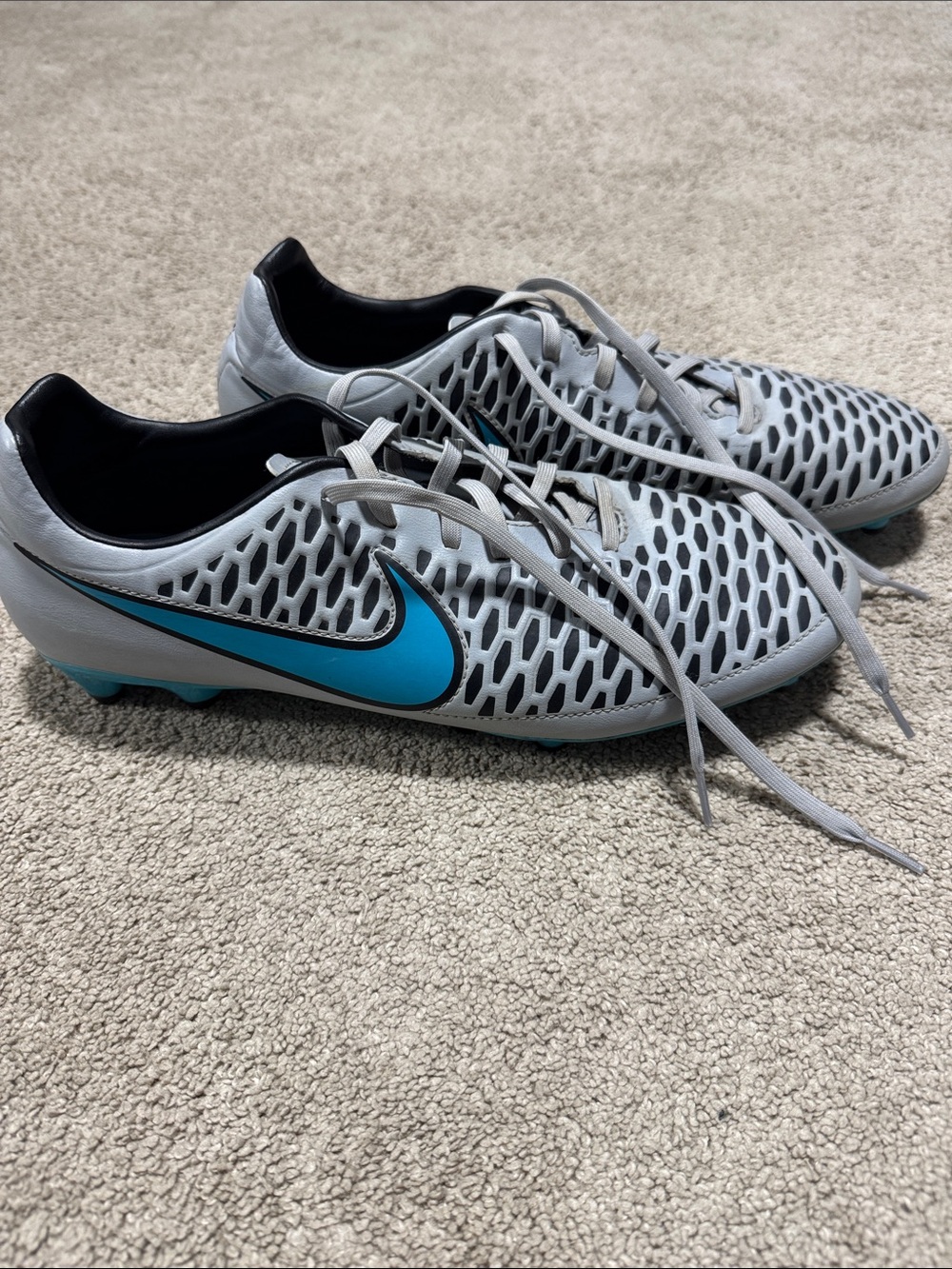 Nike Light Gray Soccer Cleats with Blue Swoosh - M13